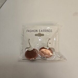 Pink Cat Eye Stone Drop Earrings Silver Tone Rhinestone Pave Lever Back New